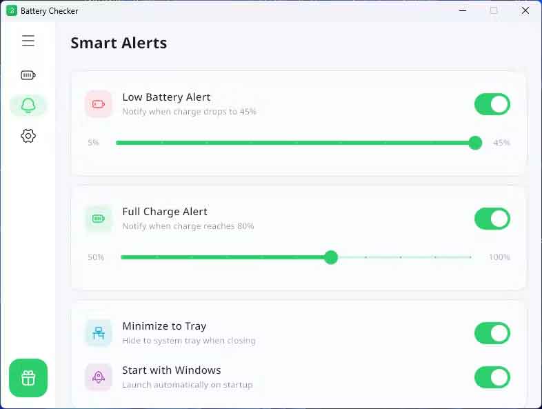Battery Health Checker:Windows 电池健康检测工具,图形化查看电池损耗 Battery Health Checker 设置界面,可配置电量提醒和 Windows 启动选项