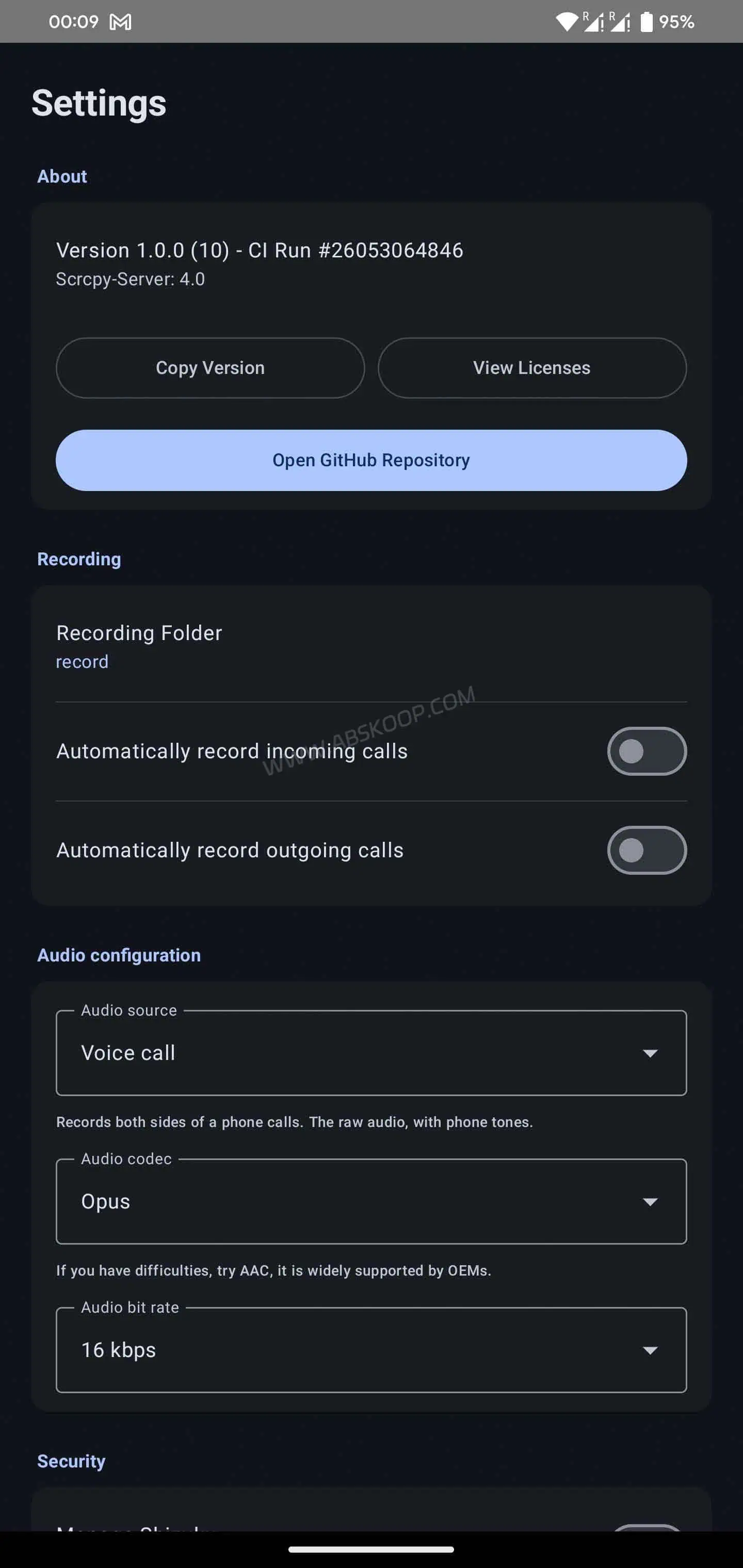 Shizuku 通话录音:ShizuCallRecorder 免 Root Android 录音工具 ShizuCallRecorder 设置界面截图,展示免 Root 通话录音相关配置选项