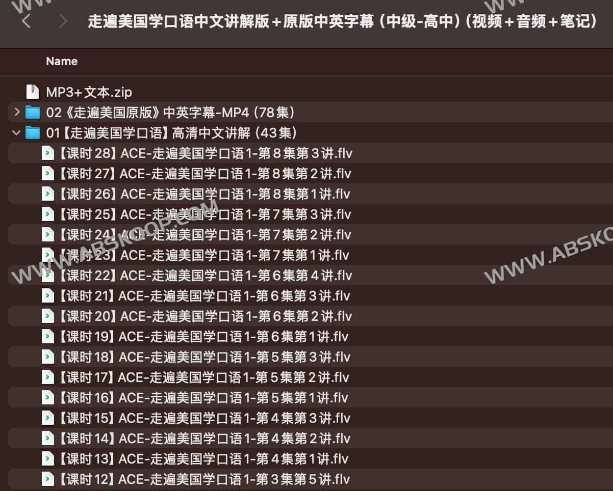 走遍美国学口语中文讲解版+原版中英字幕（中级-高中）（视频+音频+笔记）