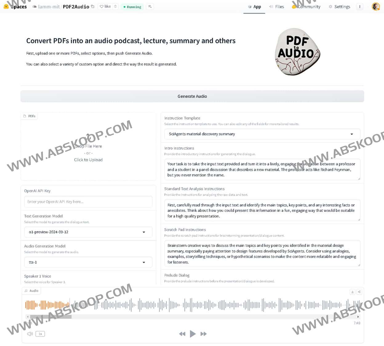 PDF to Audio Converter：AI将PDF 转换为音频播客、讲座、摘要等