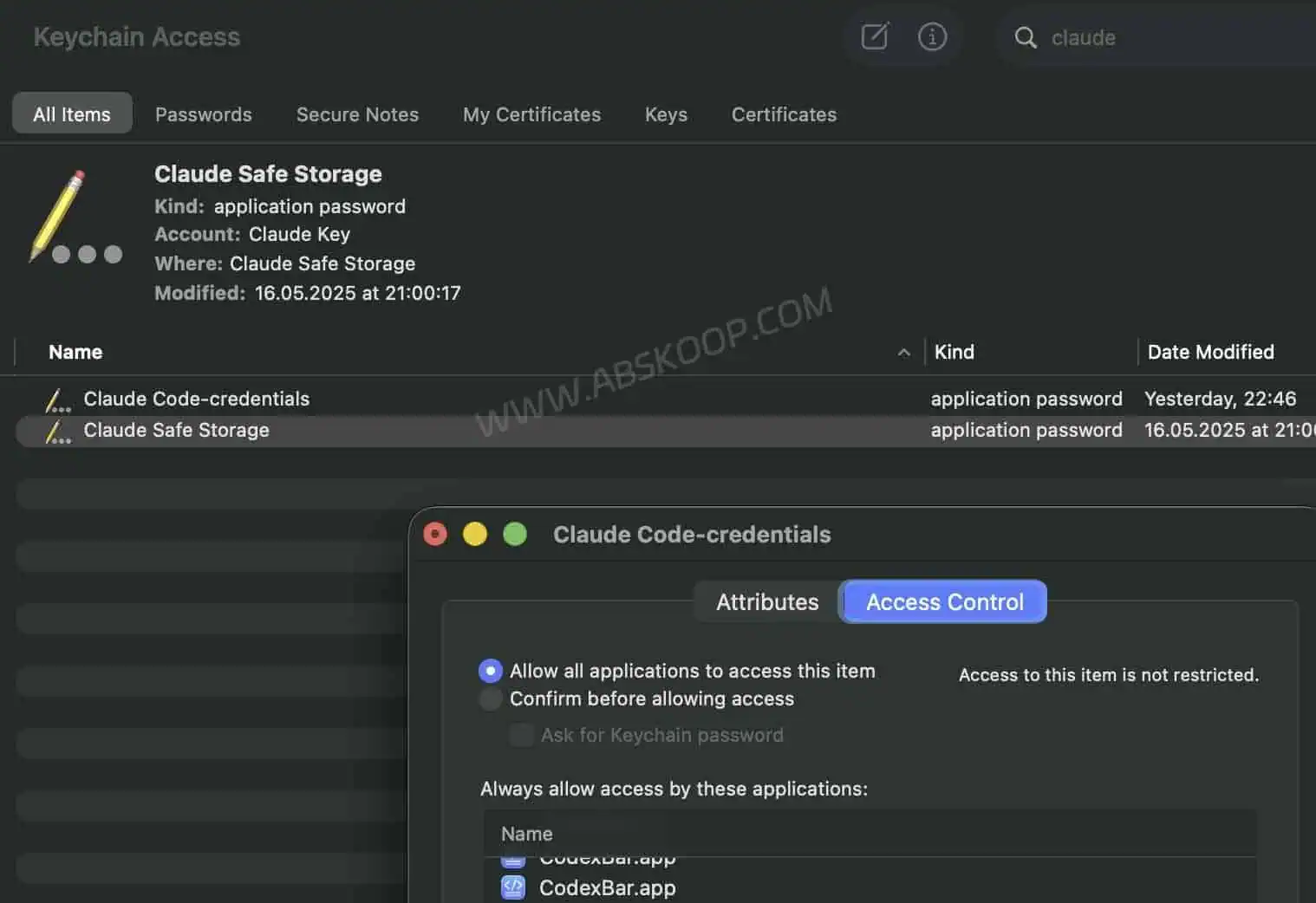 CodexBar macOS 权限提示截图，展示完全磁盘访问权限和钥匙串访问相关设置
