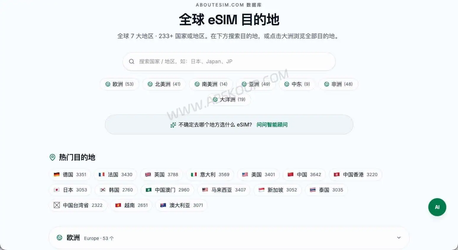About eSIM 全球 eSIM 目的地页面，展示不同国家和地区的旅行 eSIM 套餐入口