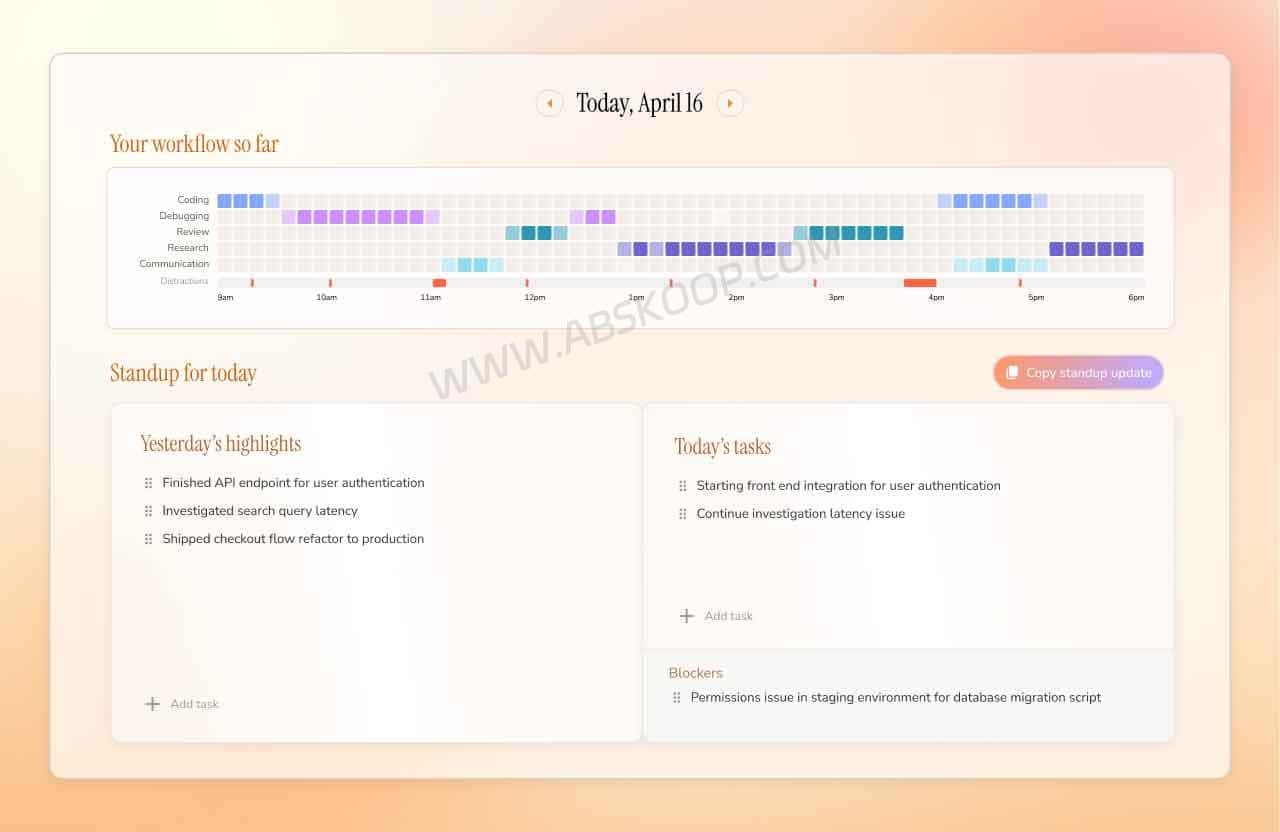Dayflow AI 时间追踪工具:Mac 自动生成工作日志与周报 Dayflow Daily Standup 界面,整理昨日工作、今日重点和 Blocker