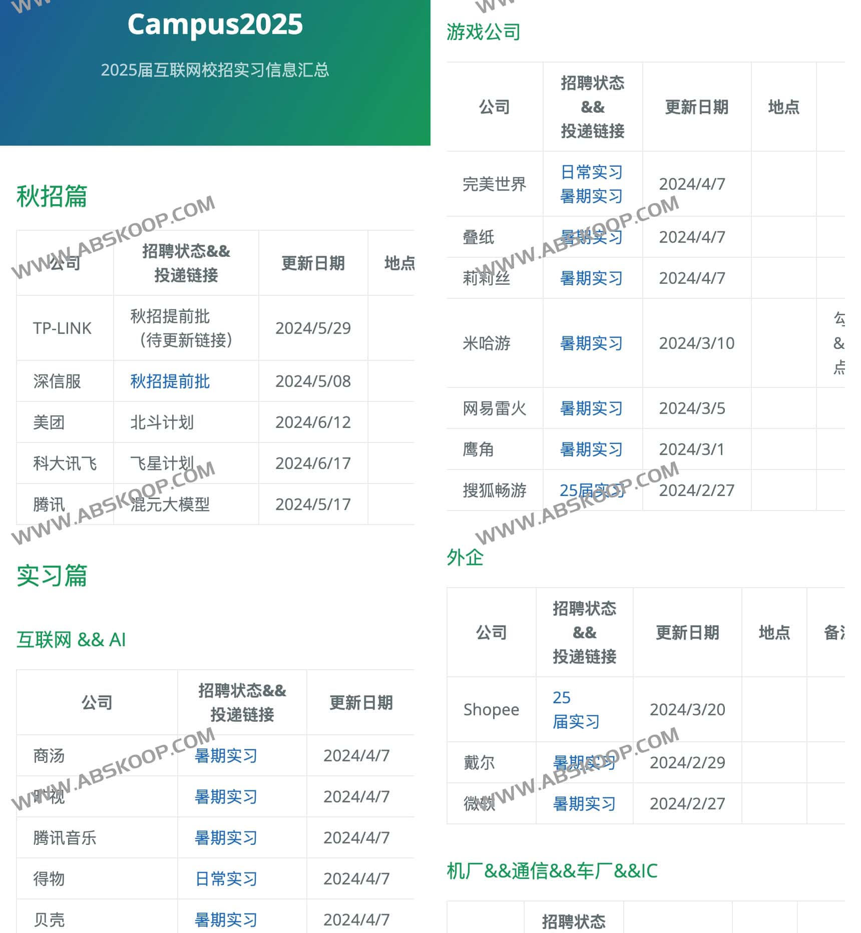 2025届互联网校招实习信息汇总-Campus2025