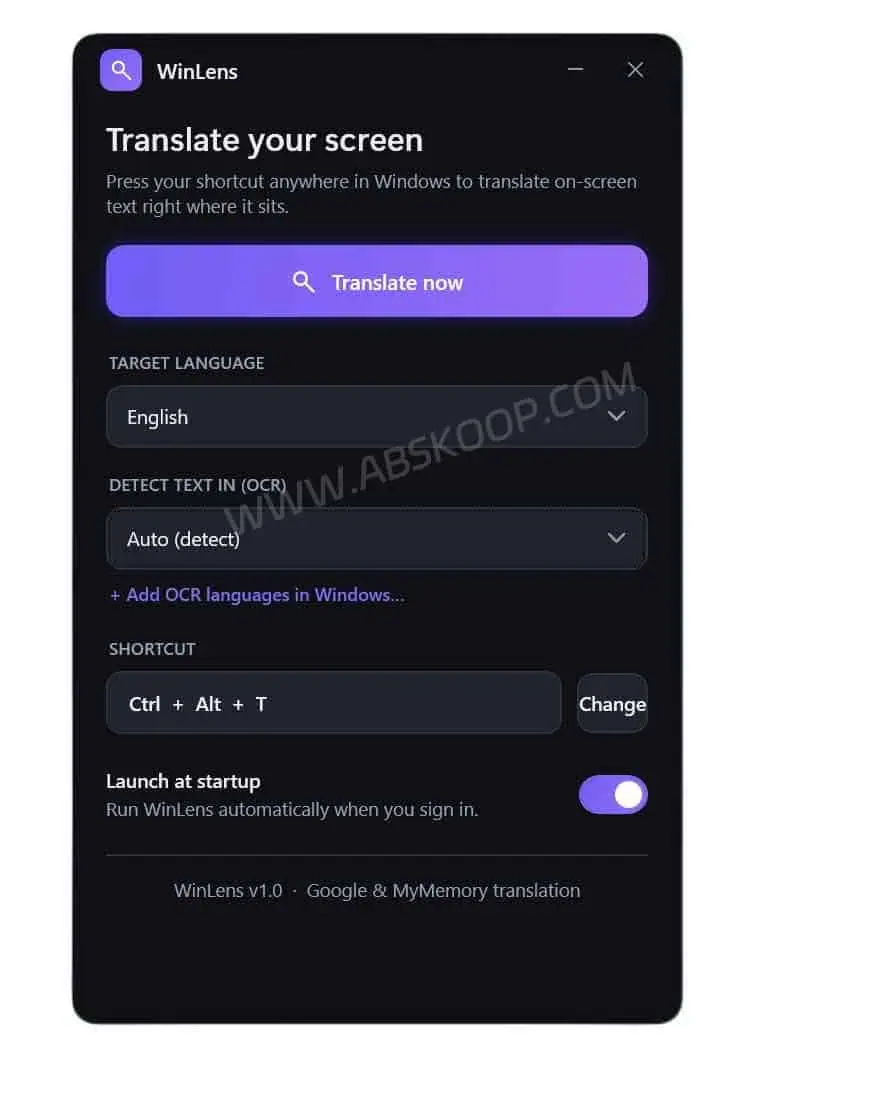 WinLens:开源 Windows 屏幕翻译工具,原位覆盖翻译 PDF 与软件文字 WinLens 控制面板截图,可设置屏幕翻译语言、快捷键和 OCR 相关选项