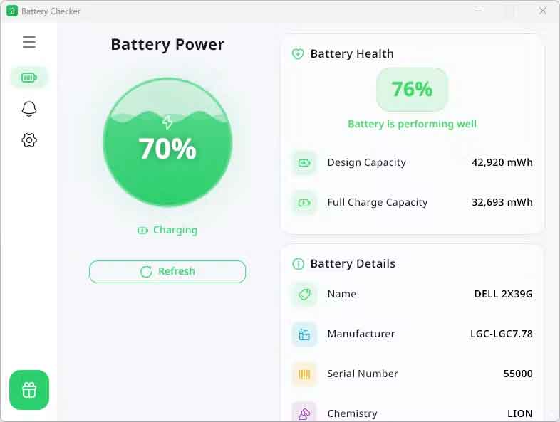 Battery Health Checker:Windows 电池健康检测工具,图形化查看电池损耗 Battery Health Checker Windows 软件主界面,显示电池健康度、容量和循环次数