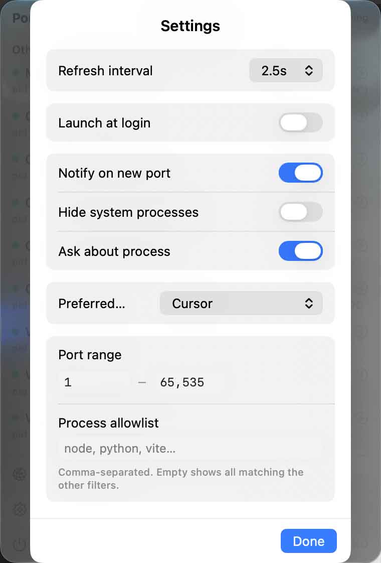Port Radar:Mac 端口占用查看工具,还能一键分享 localhost Port Radar Mac 软件设置界面截图