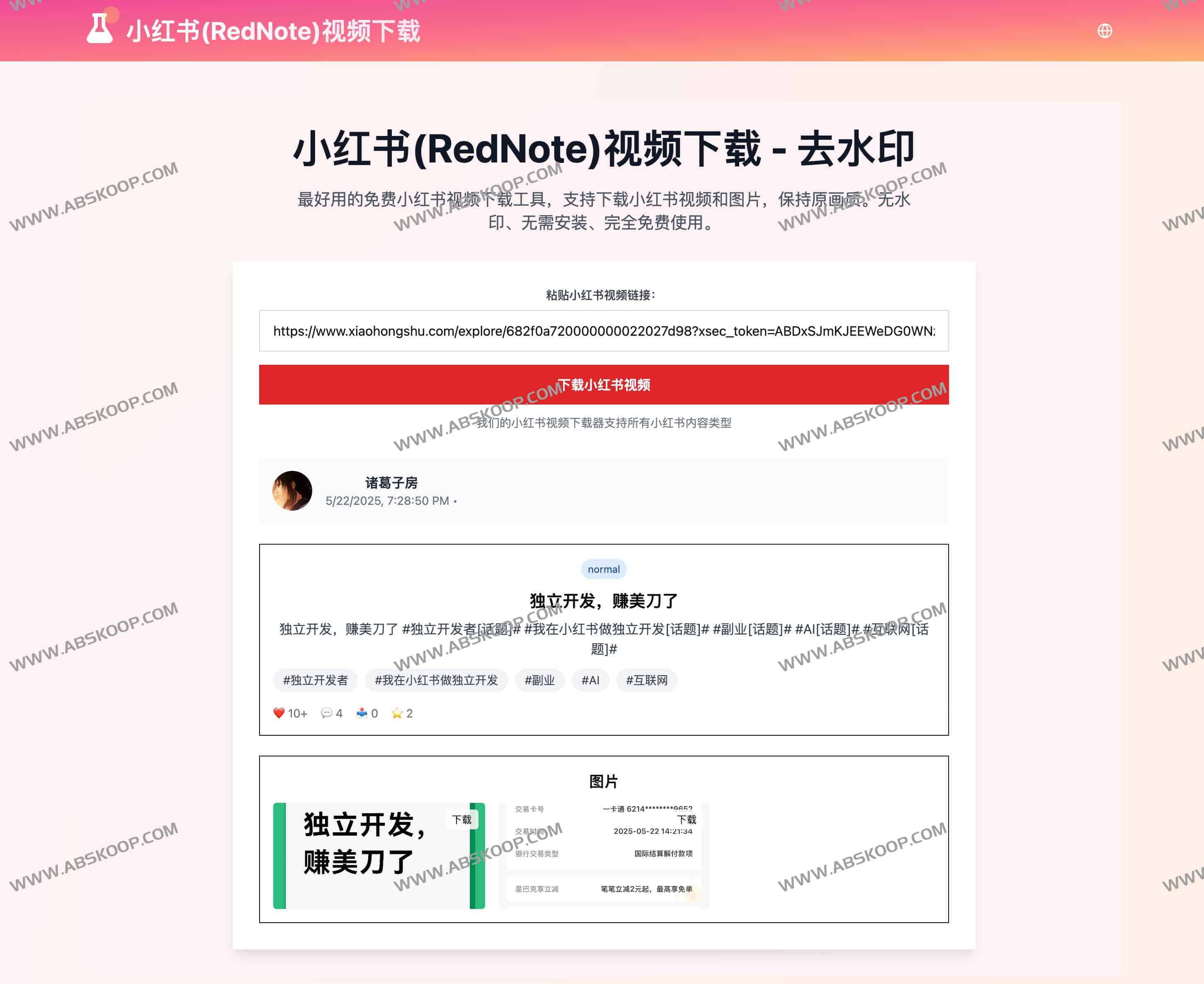 免费小红书去水印视频下载器 一键搞定高清无水印内容：小红书(RedNote)视频下载