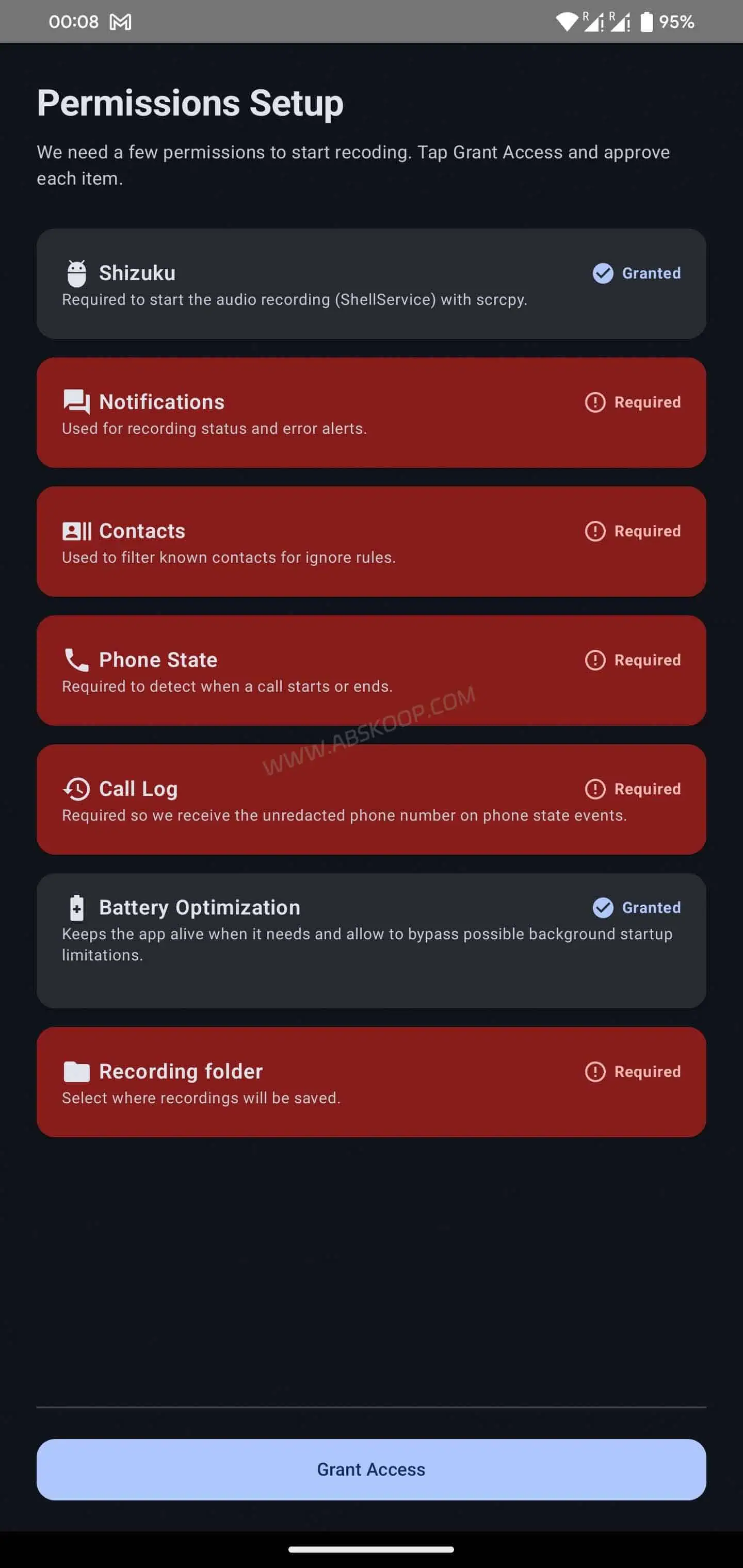 Shizuku 通话录音:ShizuCallRecorder 免 Root Android 录音工具 Shizuku 权限授权界面截图,展示 ShizuCallRecorder 通过 Shizuku 获取 ADB shell 权限的配置过程