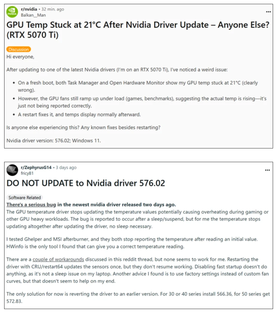 NVIDIA 576.02驱动一堆新Bug 显卡温度异常插图1 NVIDIA 576.02驱动一堆新Bug 显卡温度异常插图1
