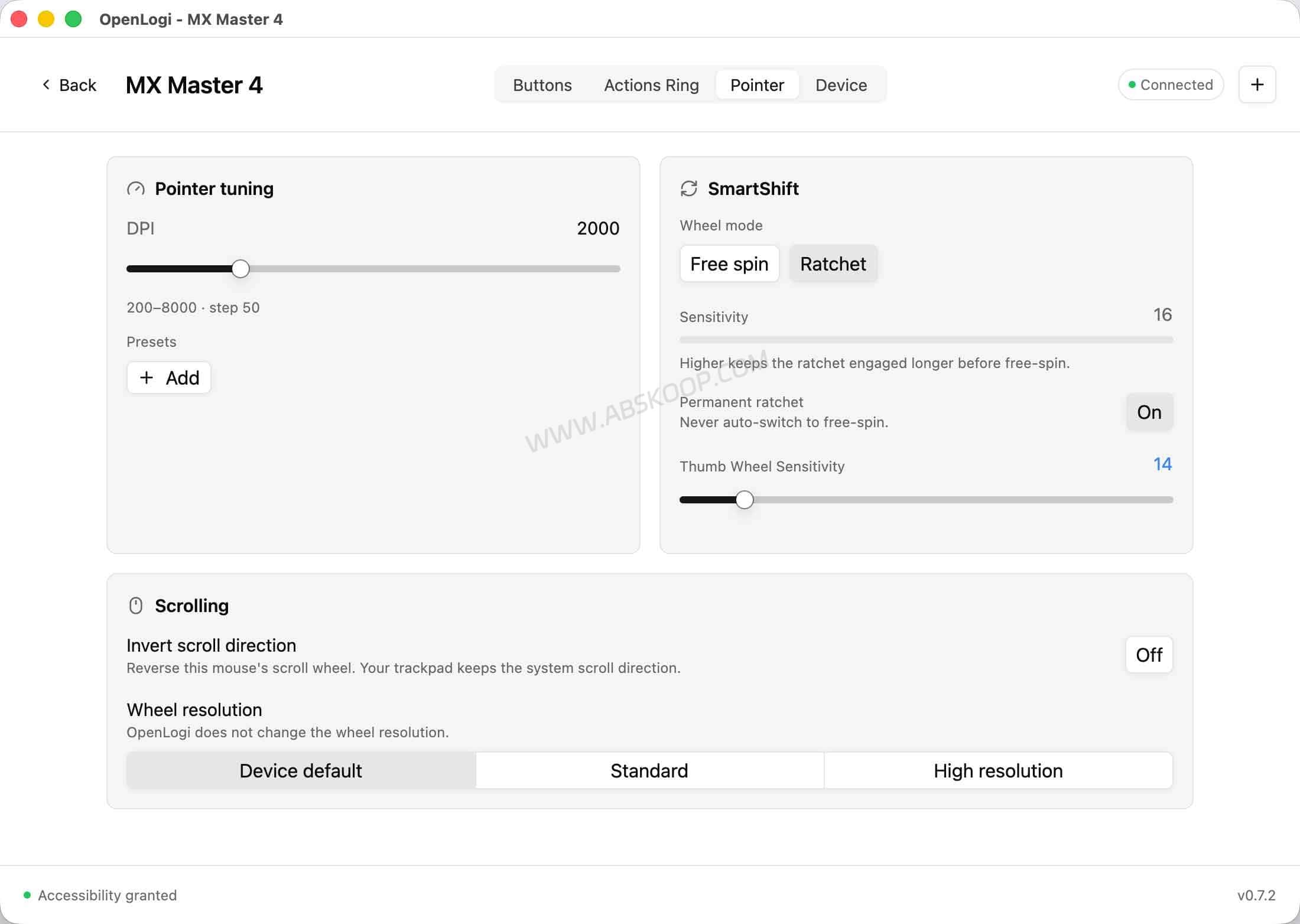 OpenLogi:Logitech Options+ 替代工具,开源管理罗技鼠标键盘 OpenLogi 中 MX Master 鼠标 DPI 参数设置界面