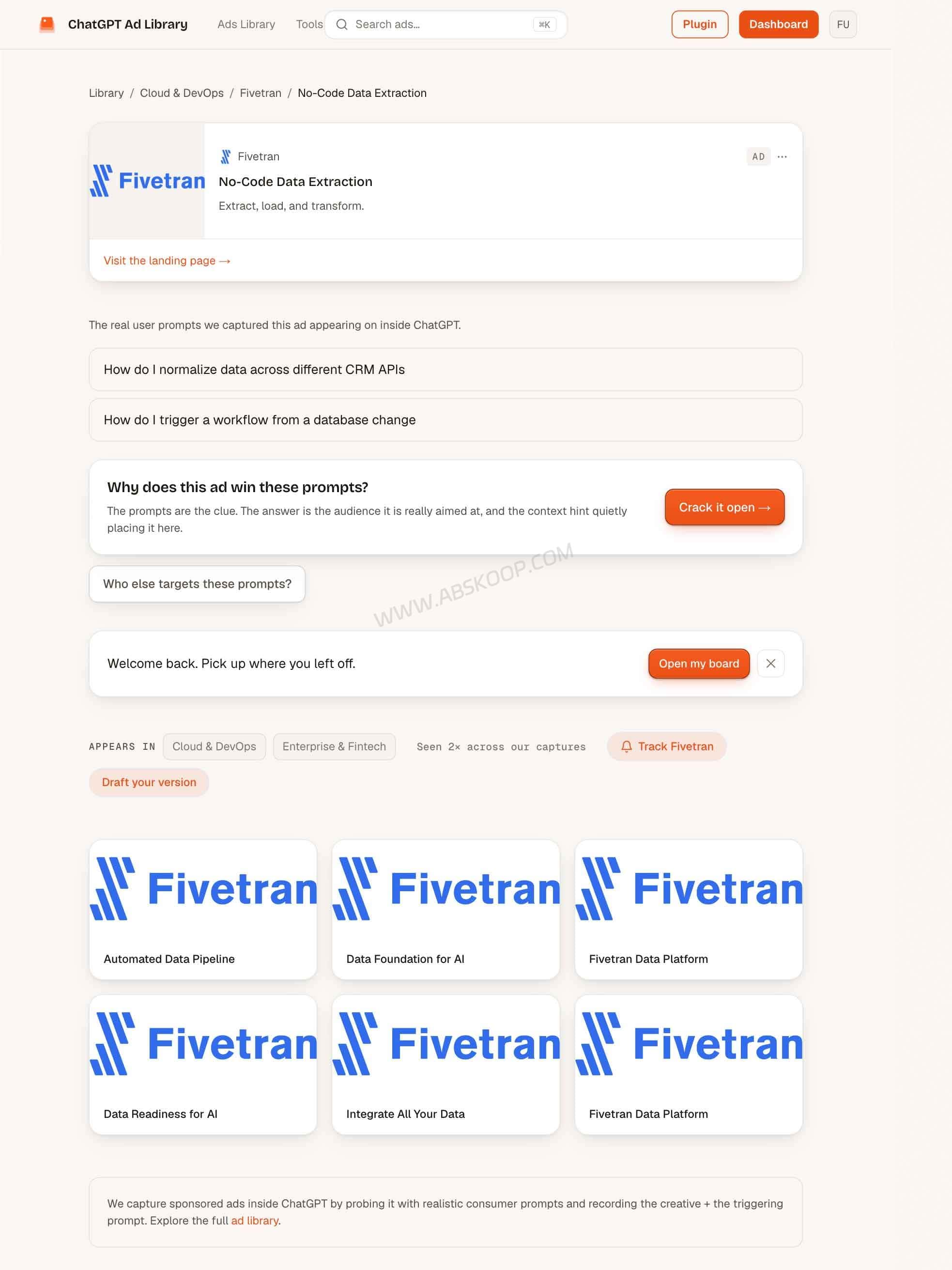 ChatGPT Ad Library:第三方 ChatGPT 广告库,能查竞品素材和触发 Prompt Fivetran 在 ChatGPT Ad Library 中的广告样本