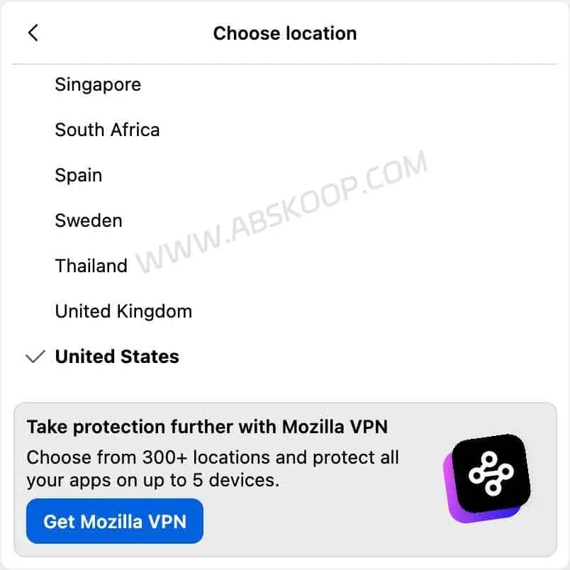 Firefox 内置 VPN 选择 VPN 位置界面