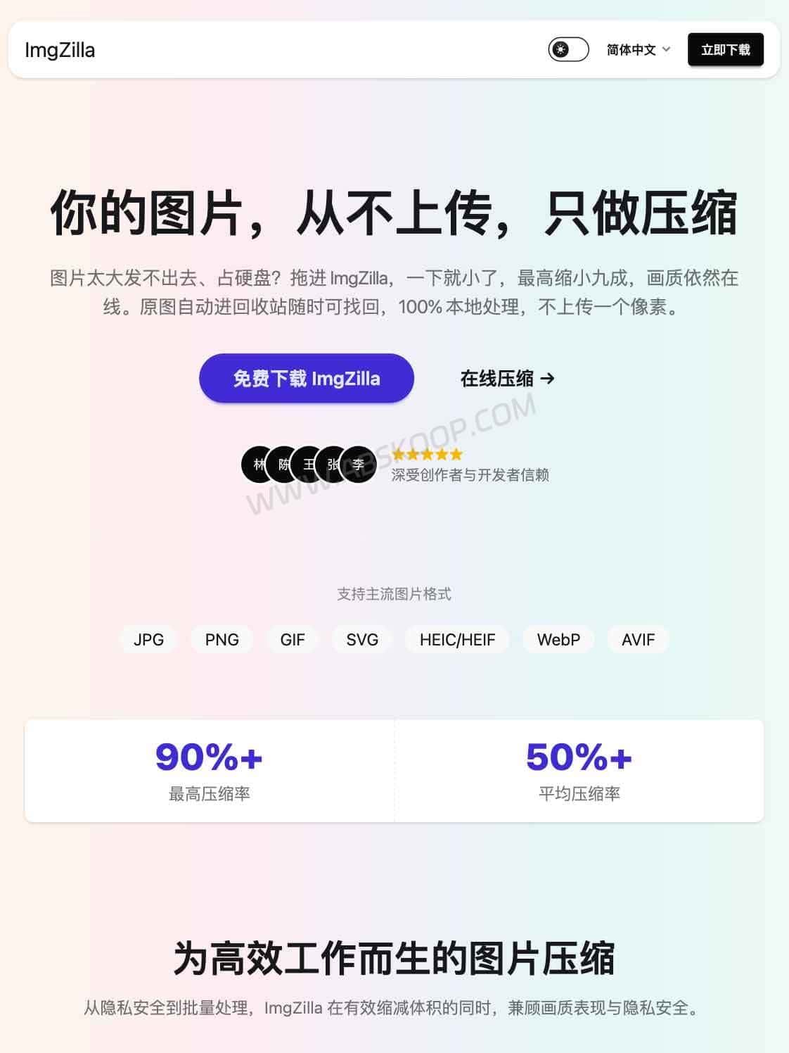 ImgZilla:Mac 图片压缩工具,原地压缩不改变文件路径 ImgZilla Mac 图片压缩工具官网主页,展示 macOS 客户端和在线压缩入口