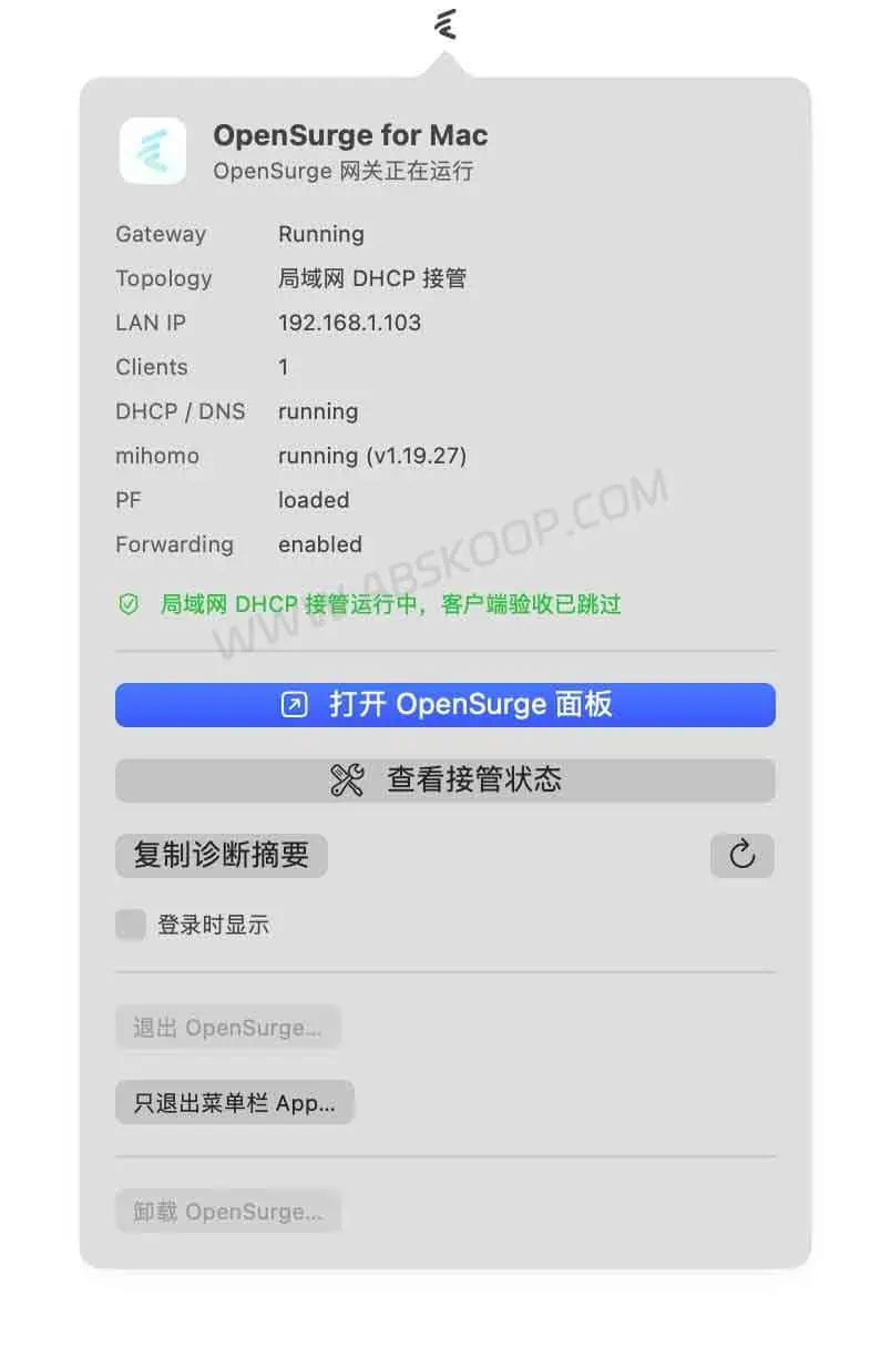 OpenSurge for Mac:开源 Mac 网关工具,用 mihomo 实现透明代理 OpenSurge for Mac 菜单栏应用界面截图