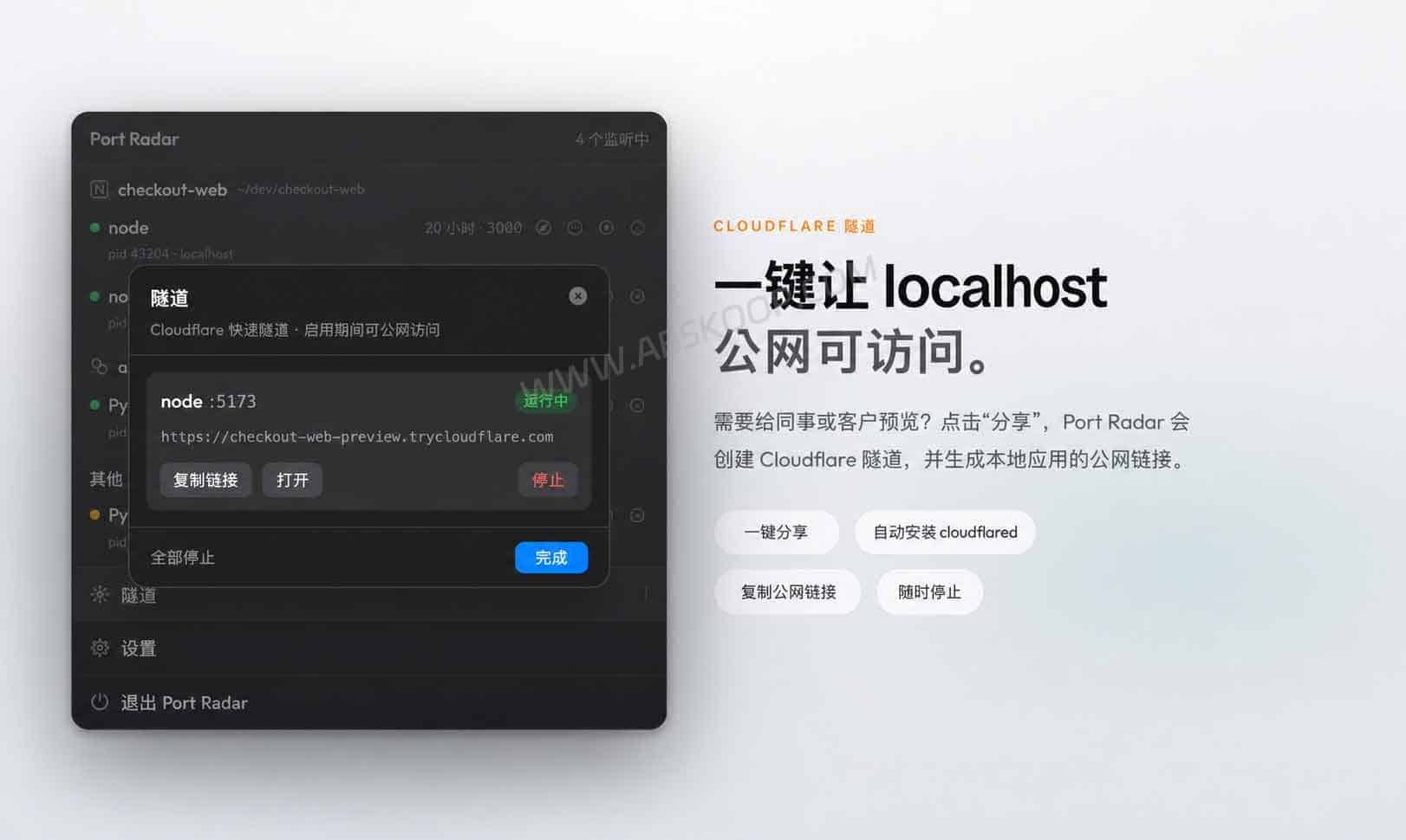 Port Radar:Mac 端口占用查看工具,还能一键分享 localhost Port Radar 通过 Cloudflare Tunnel 一键分享 localhost