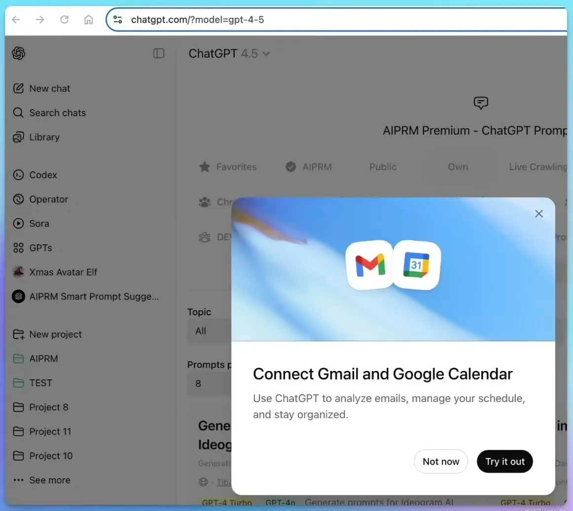 ChatGPT 灰度测试深度整合谷歌 Gmail / 日历功能，允许分析用户邮件内容生成日程插图