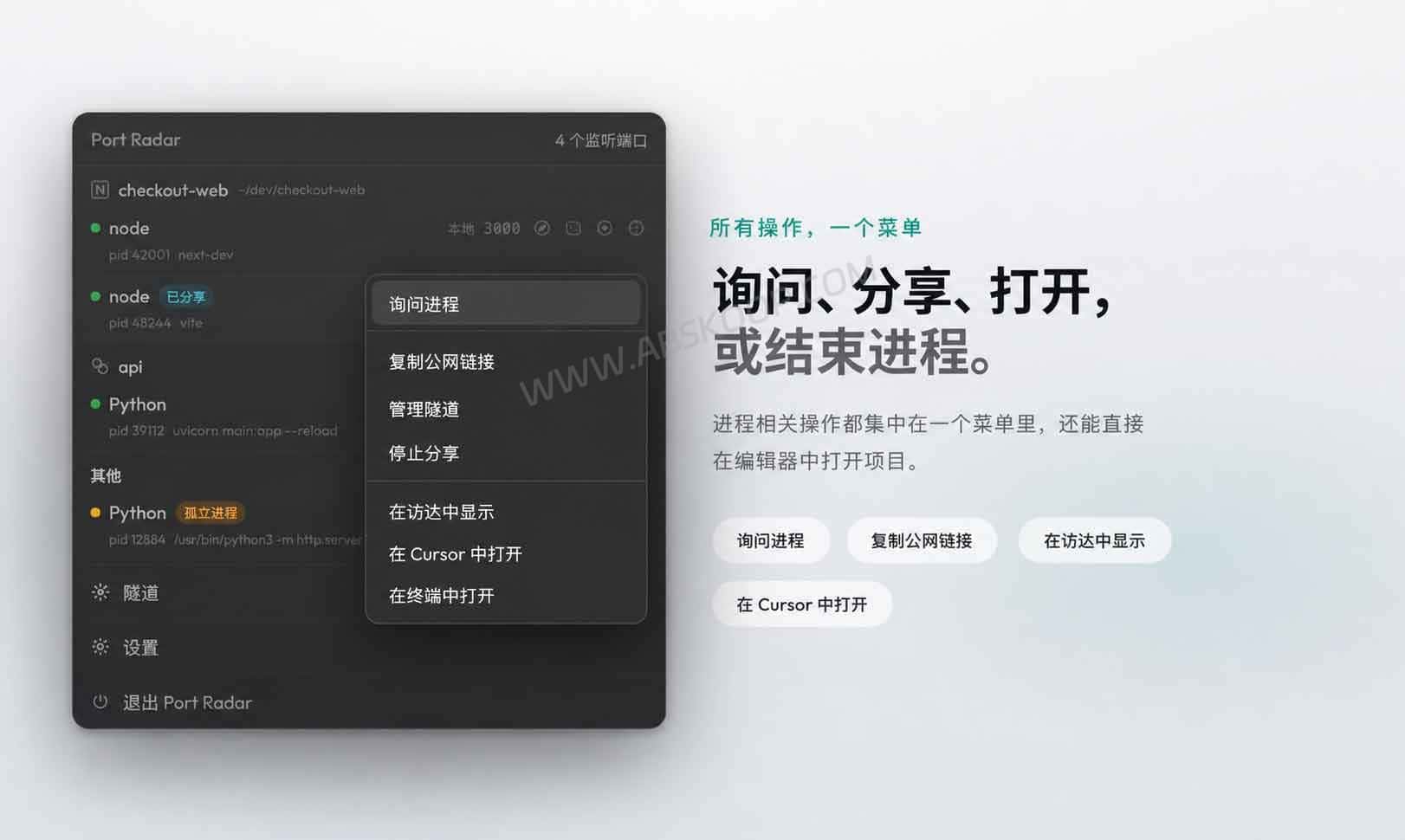 Port Radar:Mac 端口占用查看工具,还能一键分享 localhost Port Radar Mac 端口管理器的进程操作菜单