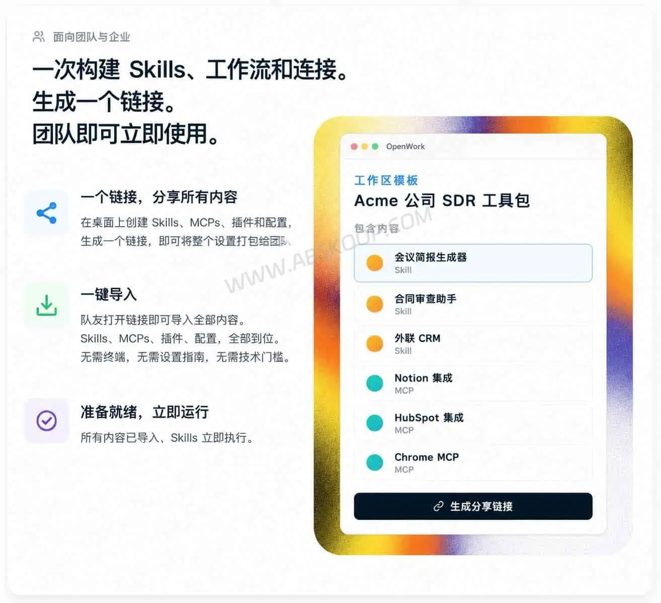 OpenWork:开源 AI 工作流平台,跨工具统一管理 MCP 与 Skills OpenWork 团队协作场景与适用用户介绍