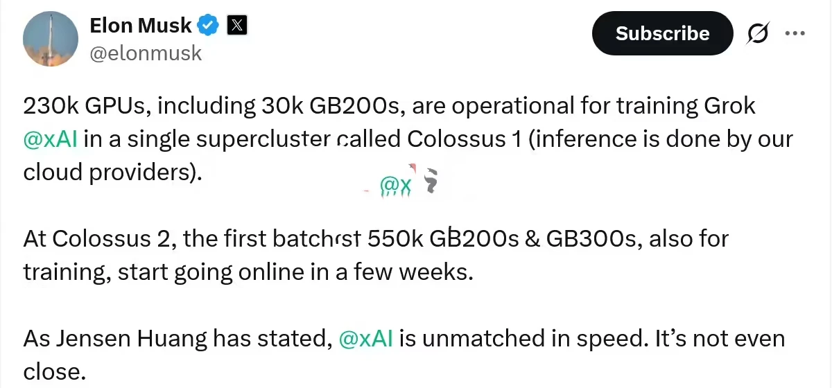 等效 5000 万块英伟达 H100 GPU,马斯克公布 xAI 五年算力目标插图1 等效 5000 万块英伟达 H100 GPU,马斯克公布 xAI 五年算力目标插图1