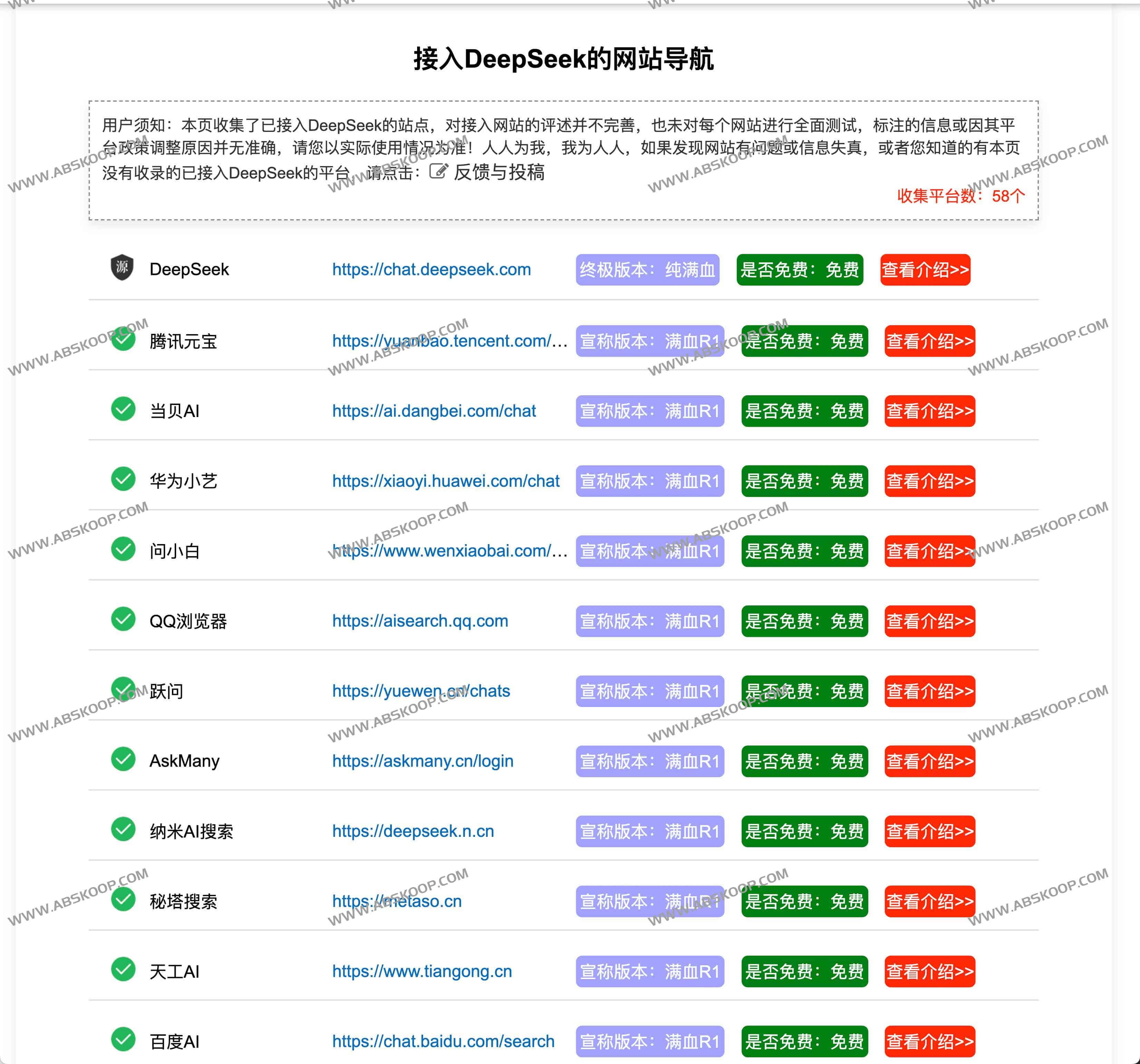 免费DeepSeek 满血版R1网站合集：接入DeepSeek的网站导航