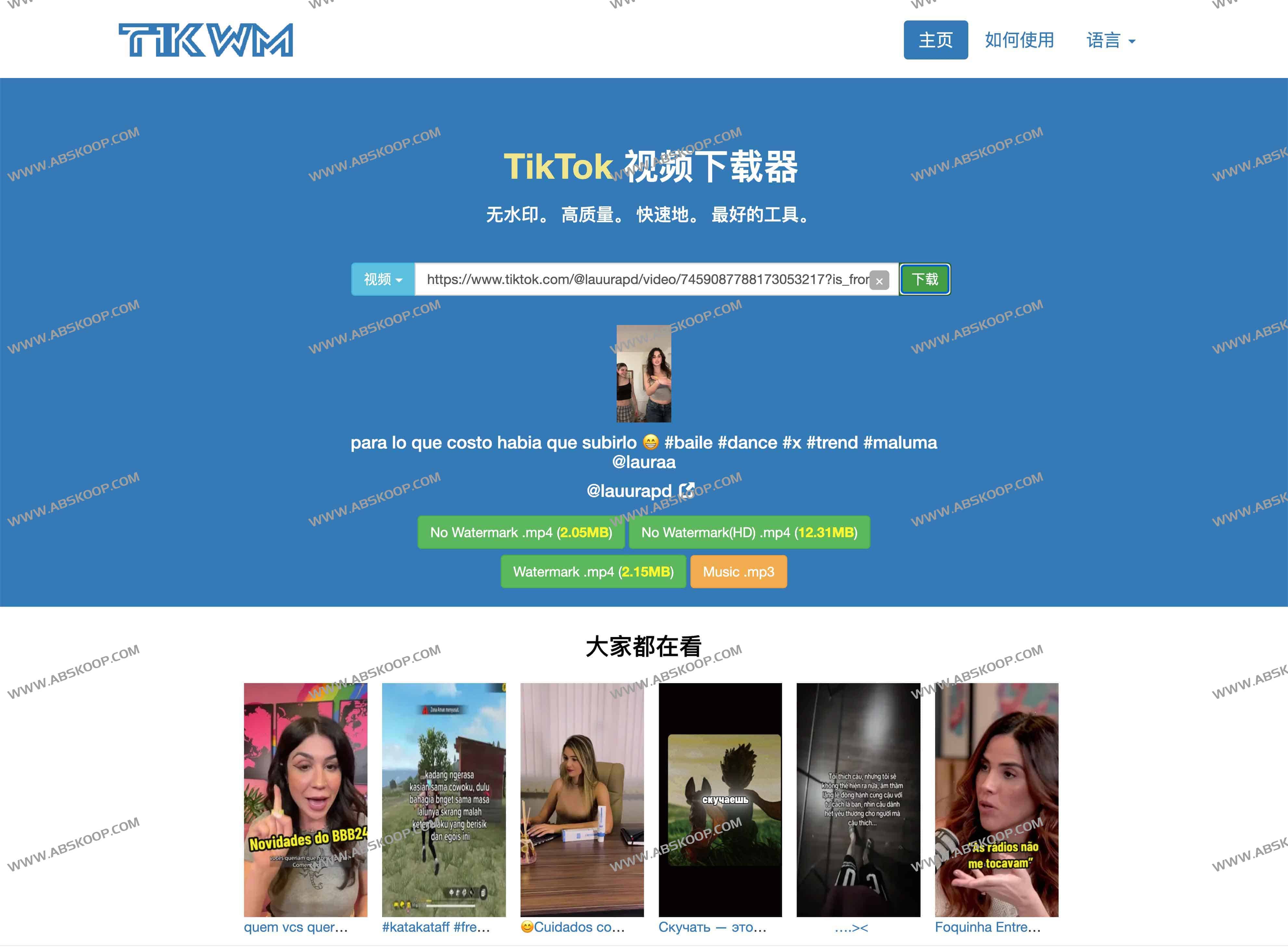 免费国际版抖音Tiktok视频无水印下载器-TikWM