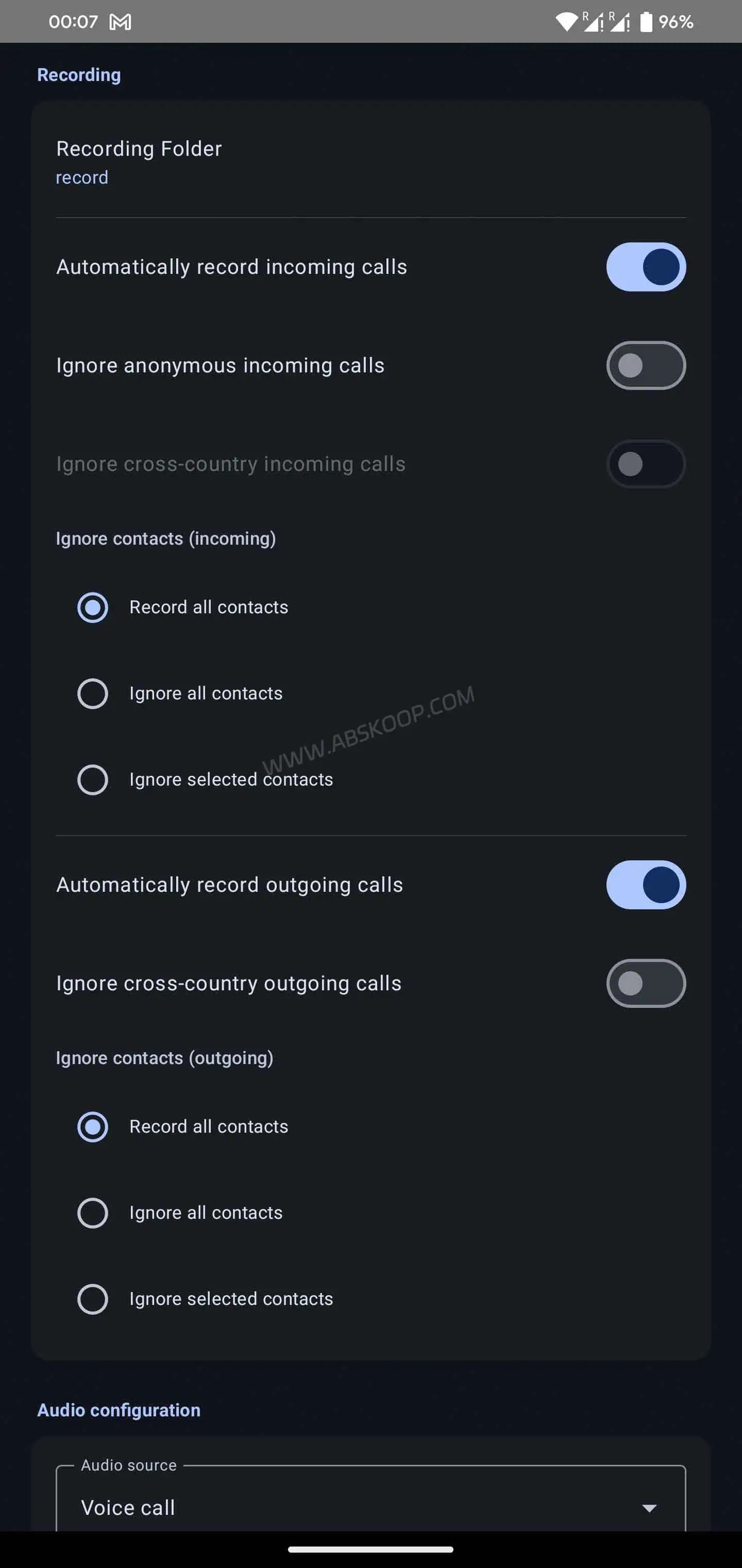 Shizuku 通话录音:ShizuCallRecorder 免 Root Android 录音工具 ShizuCallRecorder 通话录音设置界面截图,展示自动录音、排除规则和录音格式选项