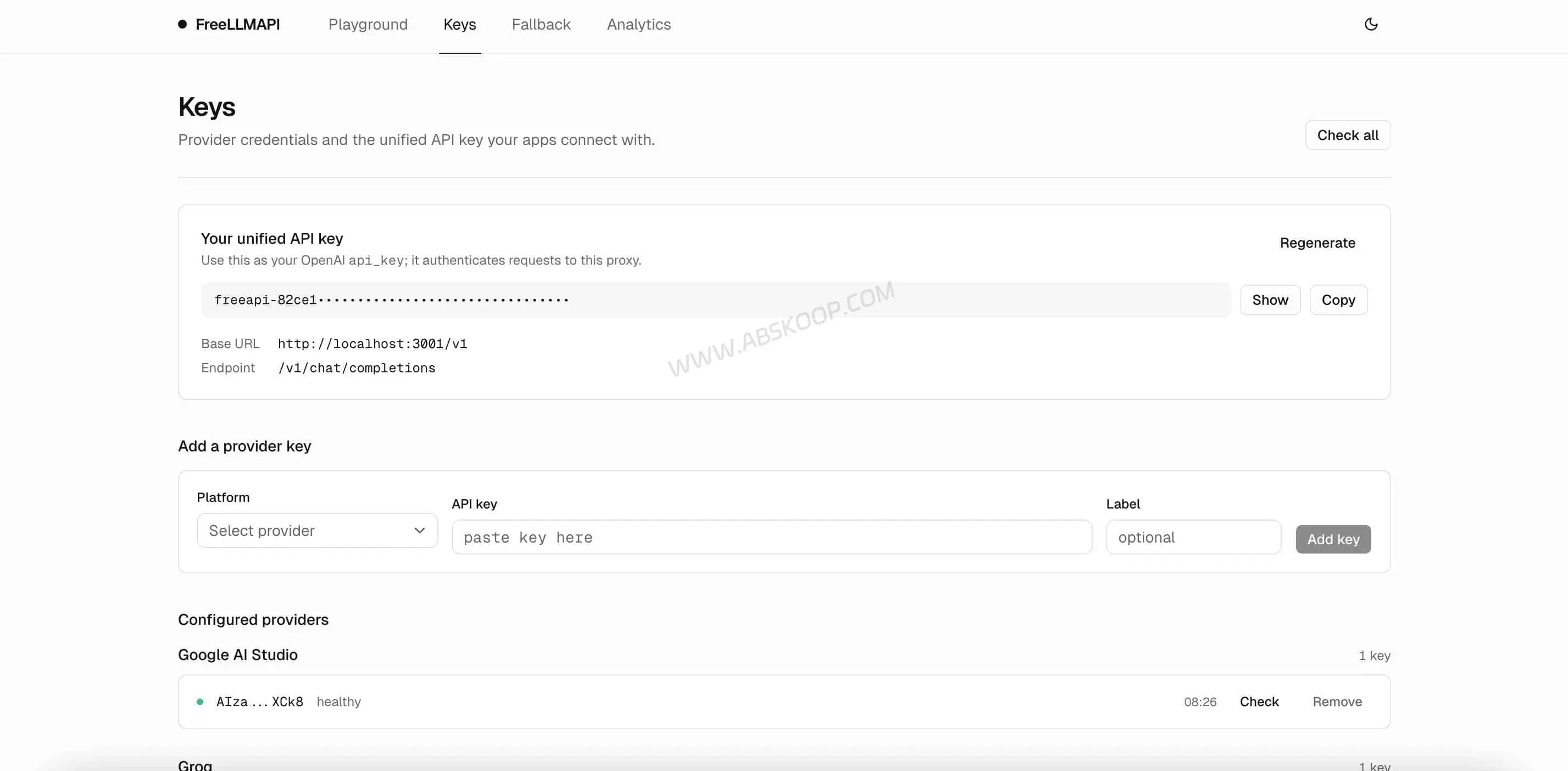 FreeLLMAPI:自托管 OpenAI 兼容 API 网关,统一管理多家 LLM 测试额度 FreeLLMAPI:自托管-OpenAI-兼容-API-网关,统一管理多家-LLM-测试额度-key 后台截图