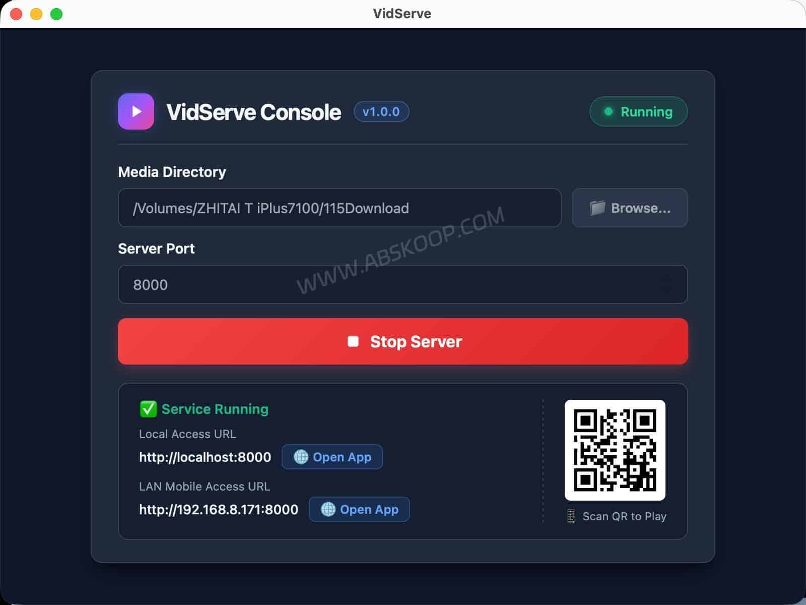 VidServe:一键把电脑视频目录变成局域网视频服务器 VidServe 软件启动界面,可选择本地视频文件夹并启动局域网服务