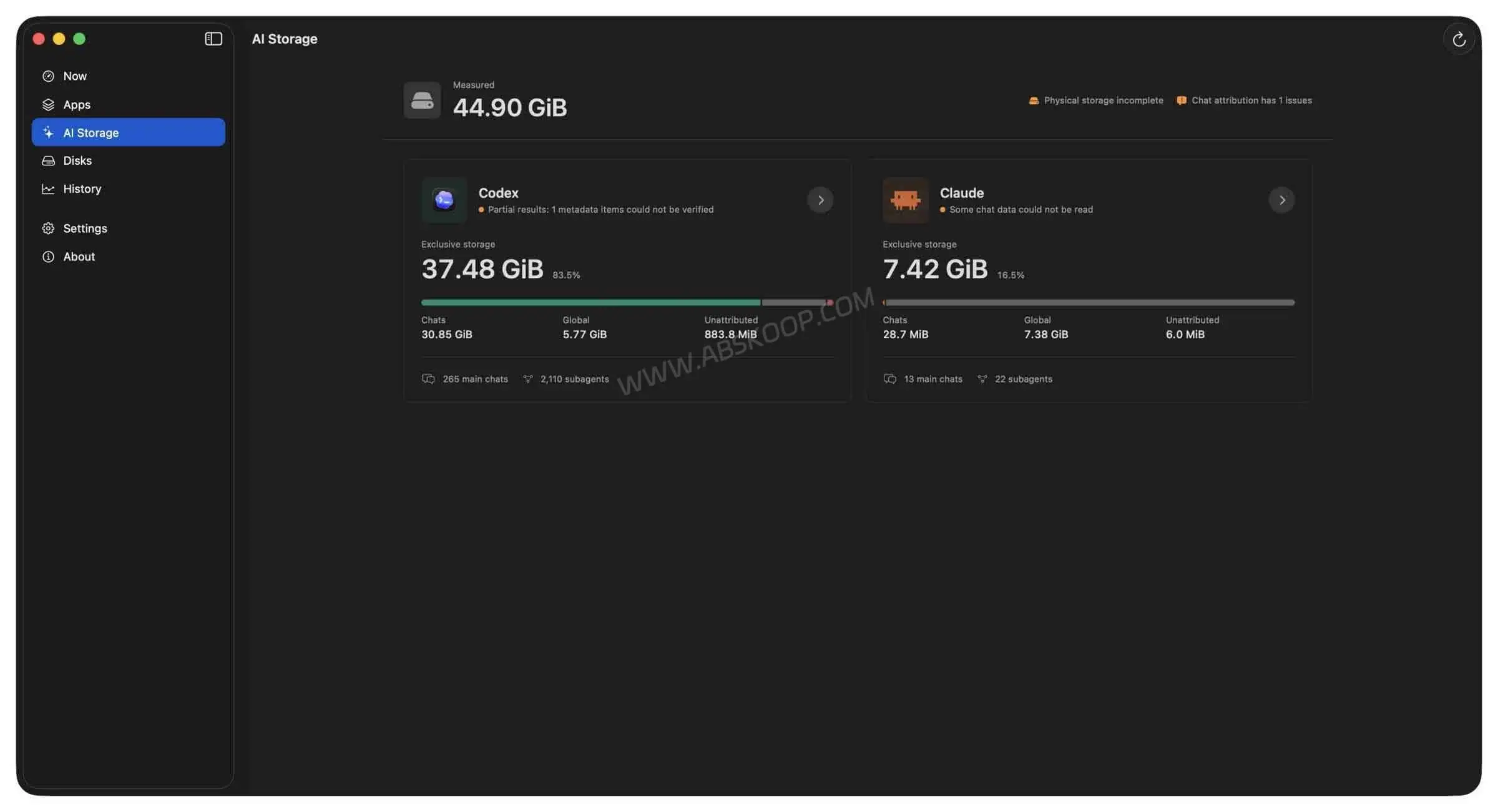 FindDiskKiller:Mac磁盘监控工具,定位异常读写进程 FindDiskKiller 分析 Claude Code 和 Codex 等 AI 工具本地存储占用