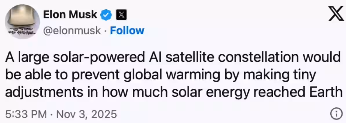 马斯克提出“太空遮阳”工程概念:在地球外层部署卫星集群反射阳光,以调控温度对抗全球变暖插图 马斯克提出“太空遮阳”工程概念:在地球外层部署卫星集群反射阳光,以调控温度对抗全球变暖插图