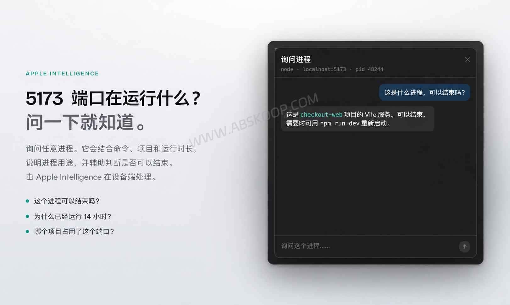 Port Radar:Mac 端口占用查看工具,还能一键分享 localhost Port Radar 使用 Apple Intelligence 在设备端解释端口进程