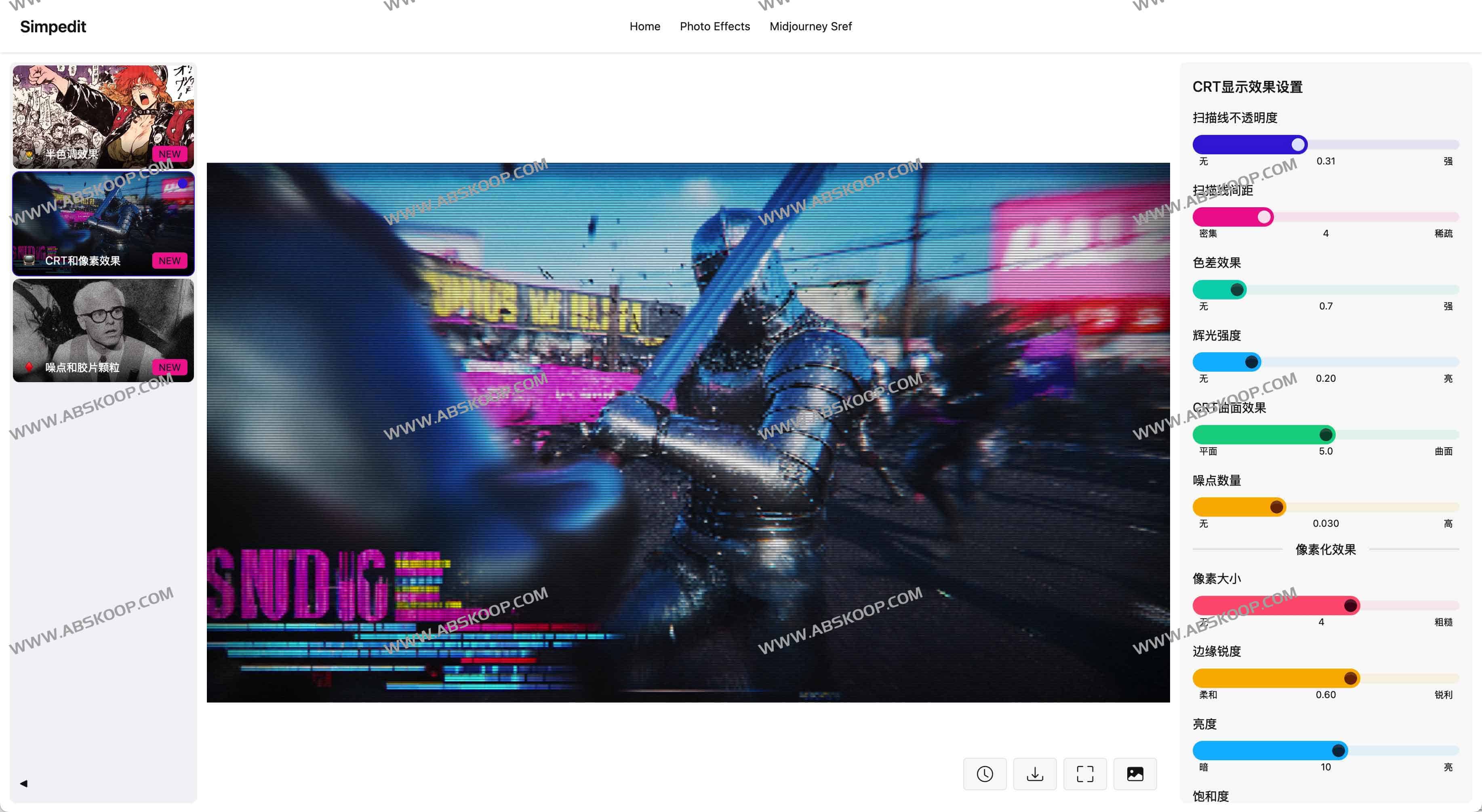 Photo-Effects：在线图片艺术效果生成器 半色调/CRT复古/噪点滤镜三合一工具